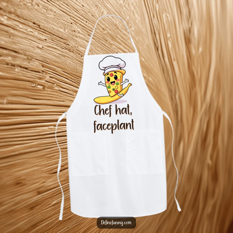 Funny apron showing a pizza slice chef character slipping on a banana peel while cooking, a hilarious kitchen accessory.