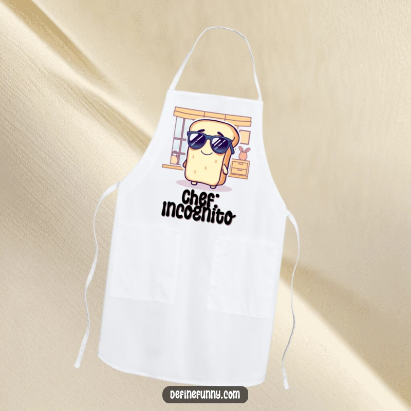 Funny bread apron with a grinning loaf comically wearing sunglasses indoors, ideal for kitchen fun.