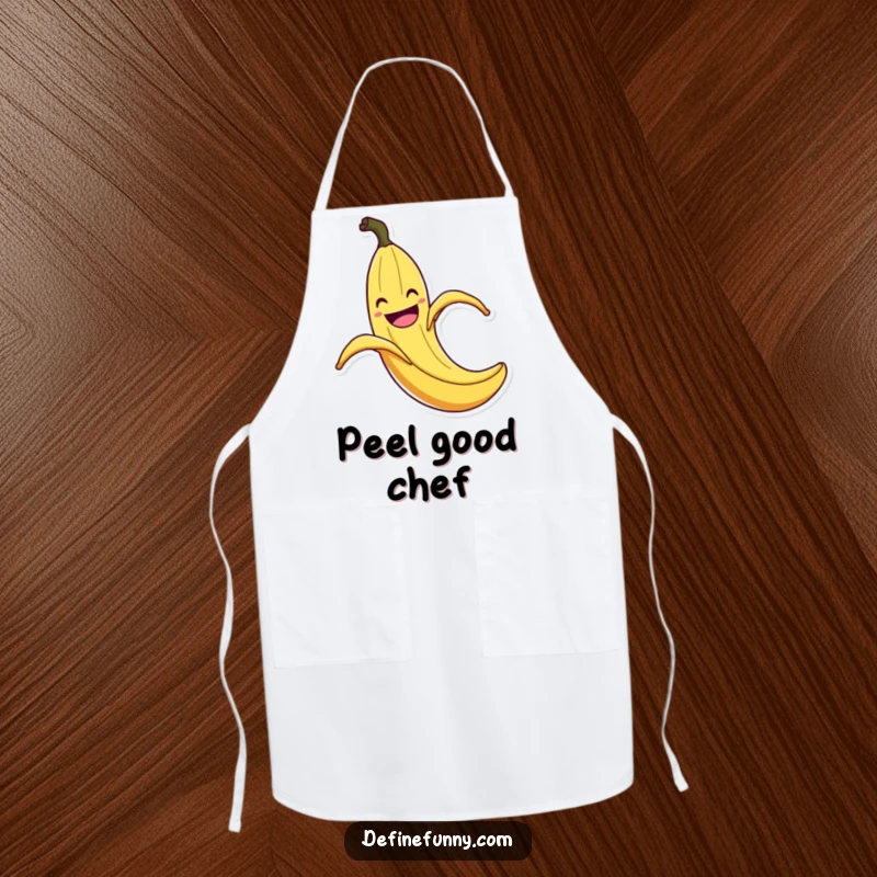 Funny Banana Peel Slip Apron: Kitchen apron with a grinning banana peel comically slipping with flair, a funny and practical accessory for cooks.