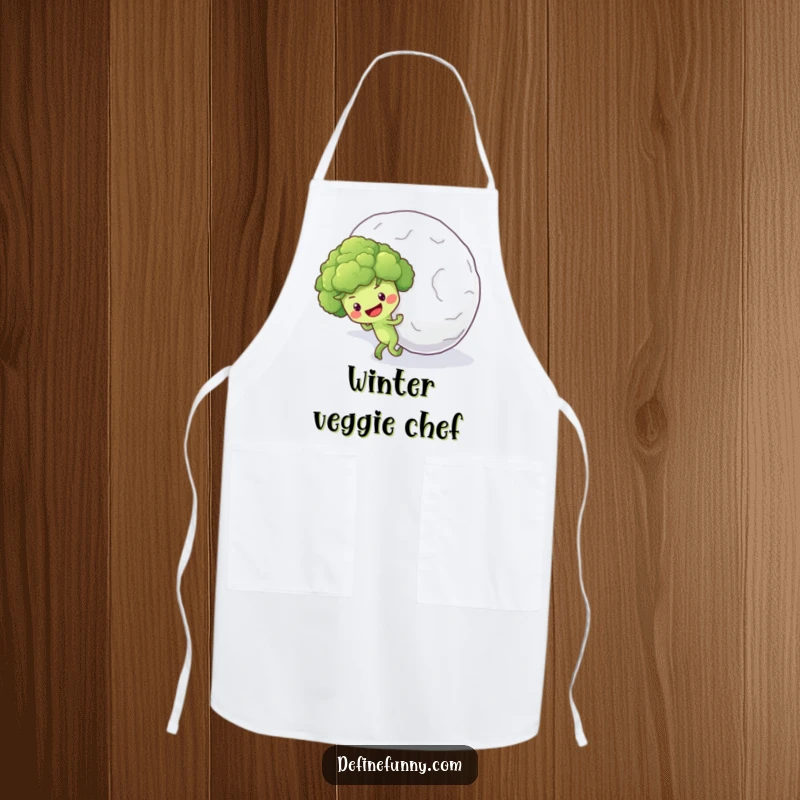 Funny apron illustration of a hopeful broccoli floret character pushing a giant snowball uphill, perfect for kitchen battles.