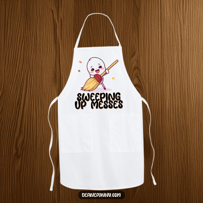 Funny, clumsy broom character comically tripping, on a practical kitchen apron, an excellent funny gift.