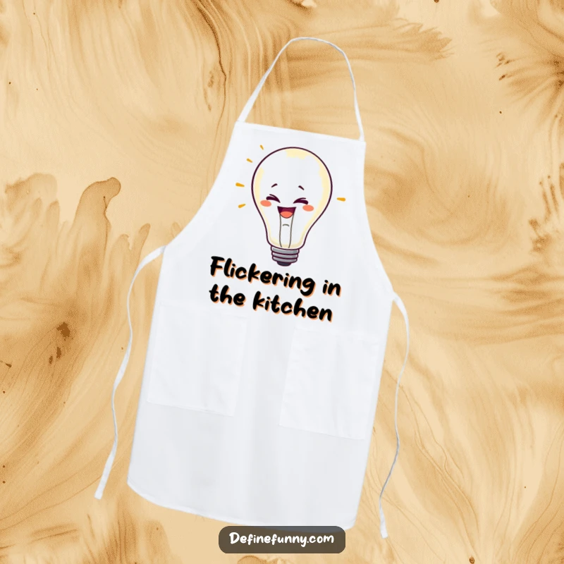 Funny apron design with a mischievous lightbulb character with a grin, flickering erratically, ideal for kitchen humor.