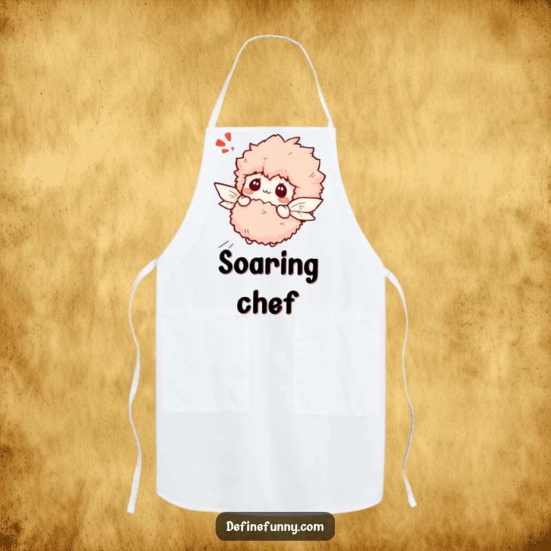 Funny bewildered fluffy slipper character with paper wings attempting to fly, on a kitchen apron.