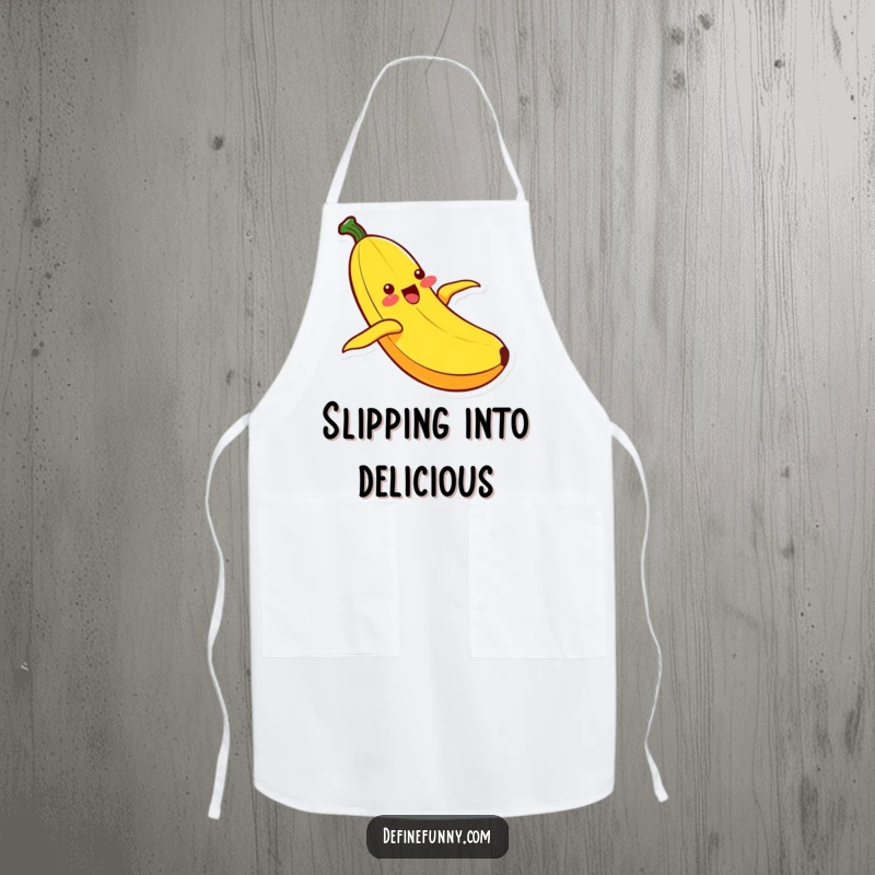 Funny Kawaii banana character joyfully sliding down its peel, worn as a humorous and functional apron for cooking or baking.