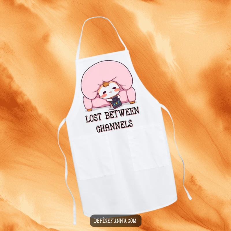 Funny apron design with a blushing remote control character frantically searching under a giant sofa cushion, ideal for kitchen humor.