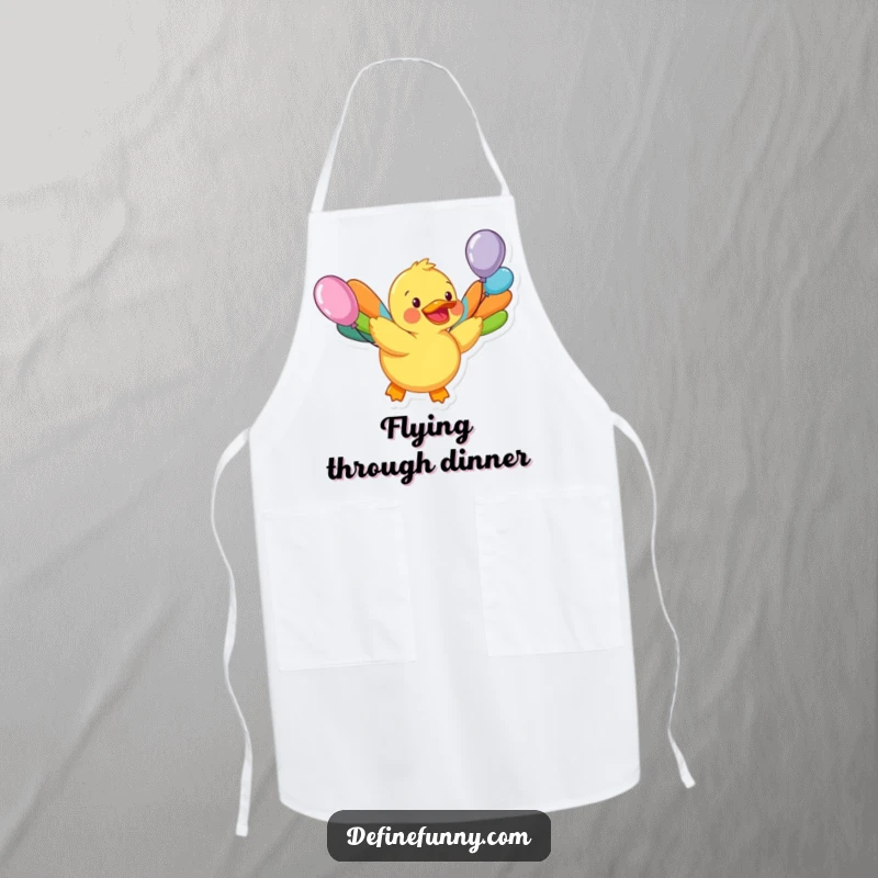 Funny apron showing a happy rubber duck with colorful balloon wings attempting to fly, a humorous accessory for aspiring chefs.