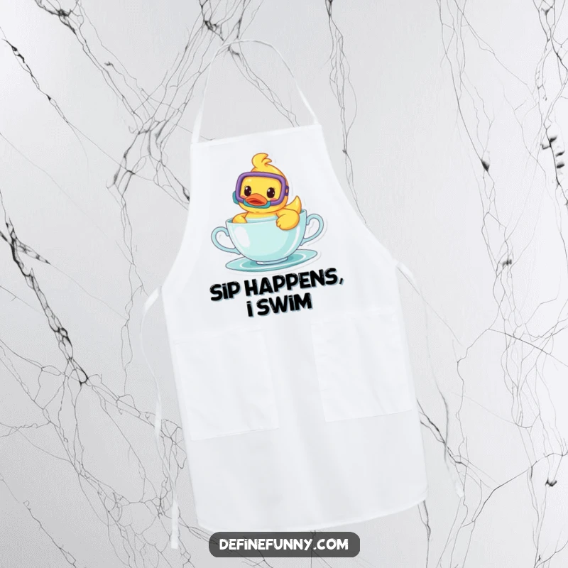 Funny apron design with a cheerful rubber ducky wearing a snorkel, swimming in a teacup, adding humor to kitchen tasks.