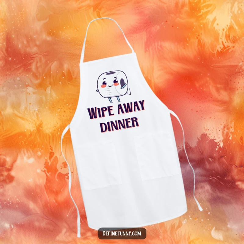 Funny Apron: Cheerful toilet paper roll character unrolling itself with glee, humorously adding fun and preparedness to kitchen tasks.
