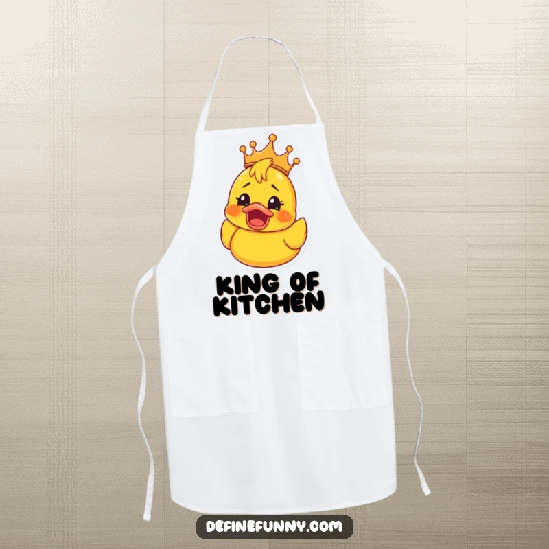 Funny Rubber Ducky Crown Apron: Kitchen apron with a rubber ducky wearing a crown, its face showing shocked elation, a funny and practical accessory.