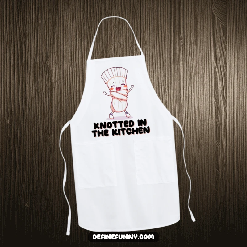 Funny apron design with a clumsy sock character tied in a knot, comically tripping, ideal for kitchen humor.