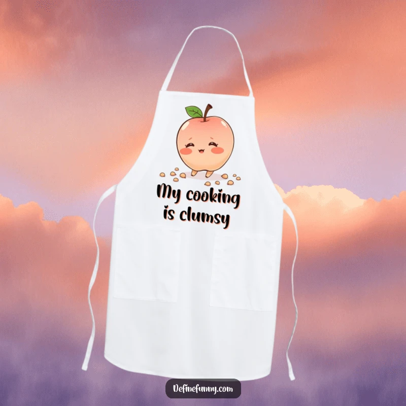 Funny shy apple character, blushing, tripping, cute apron, bringing humor to cooking, excellent gift.
