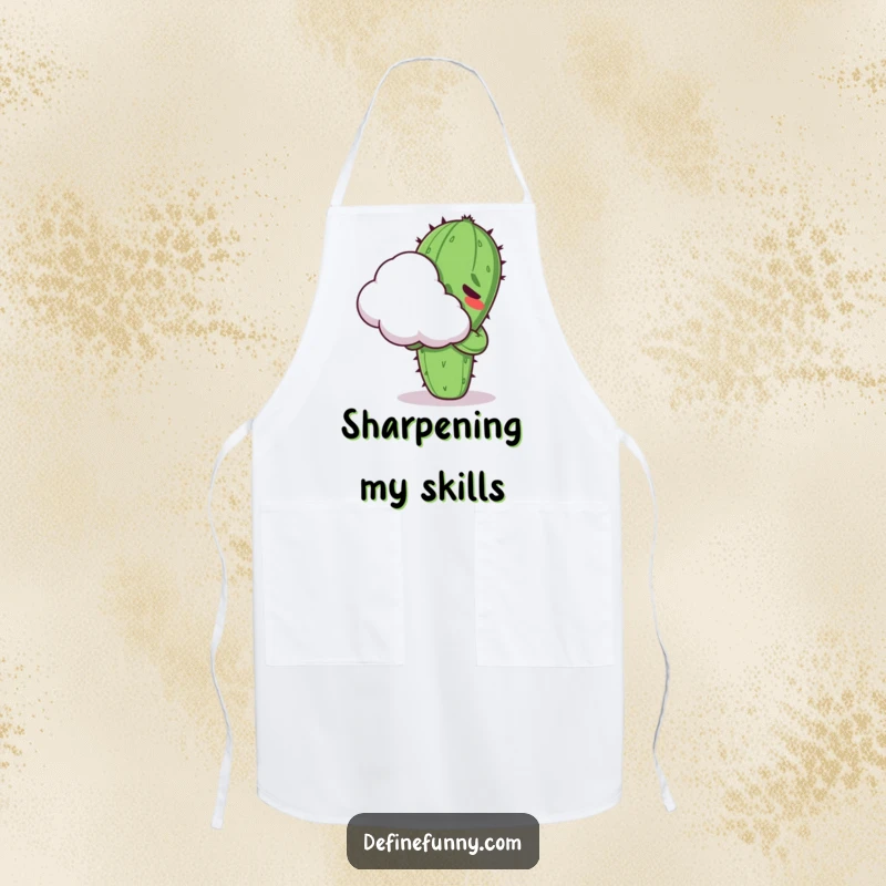 Funny Kawaii cactus character, looking uncomfortable while hugging a cloud, on a practical and humorous apron.