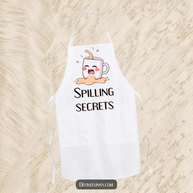 Funny Kawaii coffee mug character, spilling its coffee while laughing hysterically, on a practical and humorous apron.