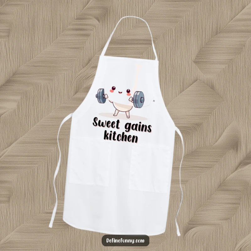 Funny Kawaii dumbbell character struggling with a massive marshmallow on a humorous cooking apron. A funny kitchen accessory.