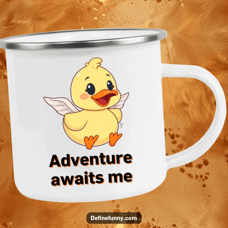 Funny rubber duck character with hopeful paper wings, ready for flight, on a sturdy camping mug, a funnier outdoor gift.