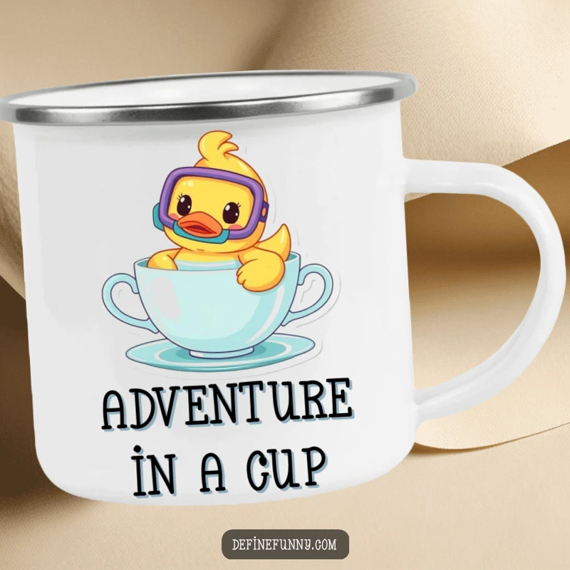 Funny camping mug featuring a happy rubber ducky with snorkel swimming in a teacup, ideal for outdoor humor and drinks.