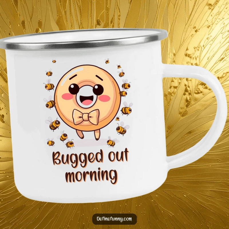 Funny donut character in bow tie, running from bees, on a sturdy camping mug, great gift.