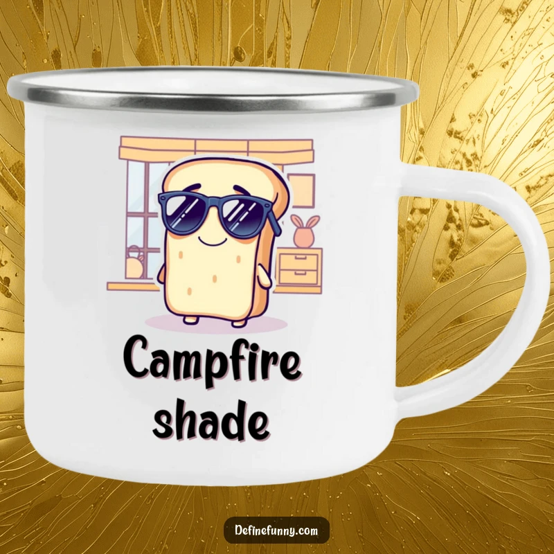 Funny bread camping mug with a grinning loaf comically wearing sunglasses indoors, for outdoor enjoyment.