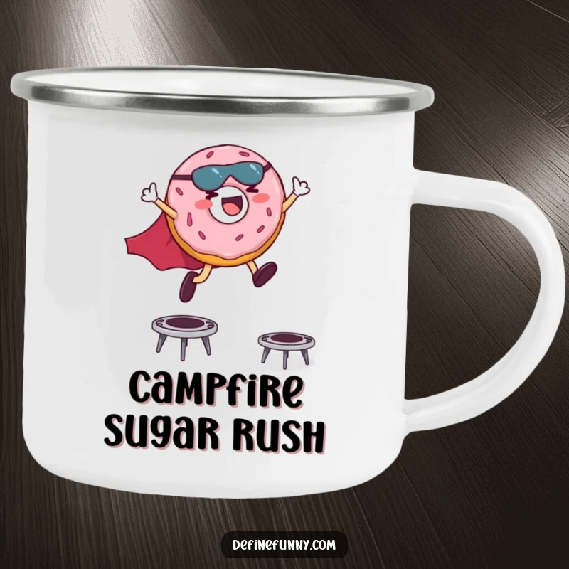 Funny camping mug featuring a giggling donut superhero in a cape leaping over miniature trampolines, ready for the outdoors.