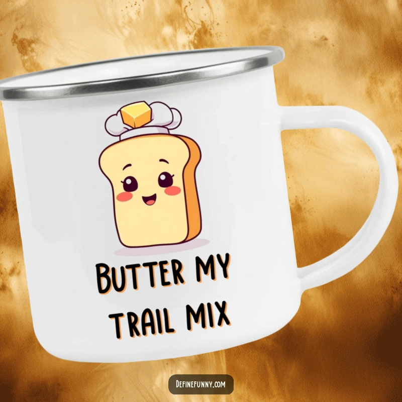 Funny camping mug showing a bread loaf chef character slipping on butter, perfect for outdoor adventures and humorous drinks.
