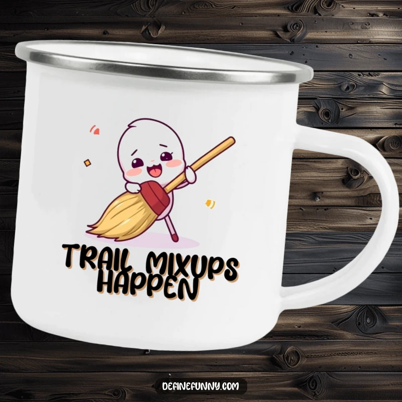 Funny, clumsy broom character tripping, on a sturdy camping mug, a funnier outdoor companion gift.