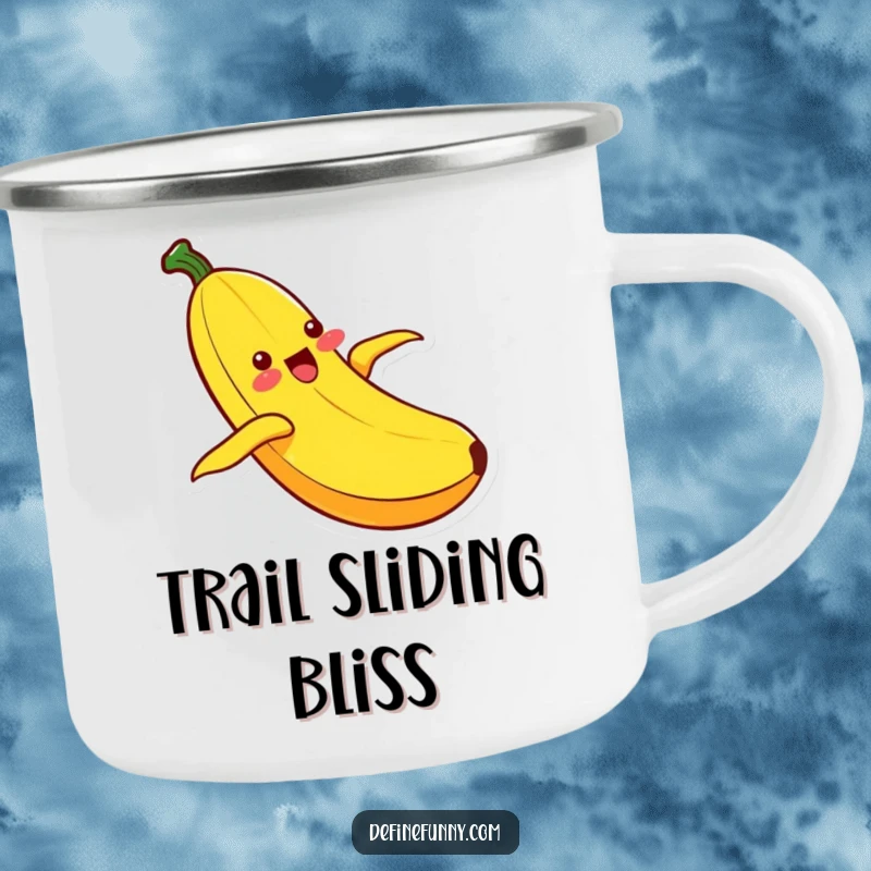 Funny Kawaii banana character joyfully sliding down its peel, a durable and humorous enamel mug for outdoor enthusiasts.