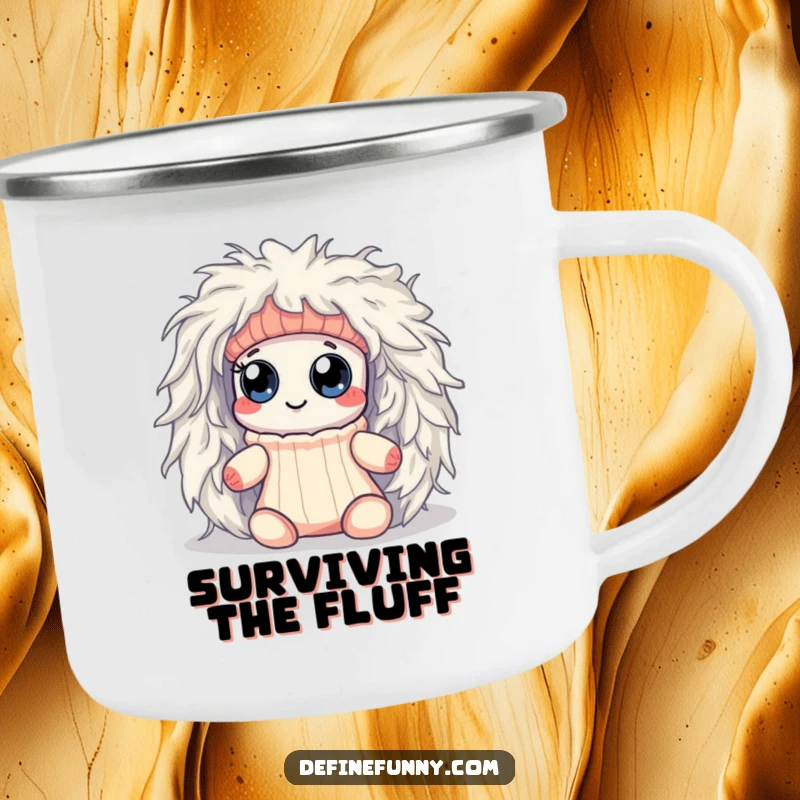 Funny Kawaii sock character with googly eyes, caught in a lint monster, on a durable camping mug for outdoor laughs.