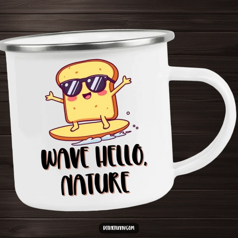 Funny Kawaii toast character wearing sunglasses, surfing a giant crumb, on a sturdy camping mug, ready for outdoor laughs.
