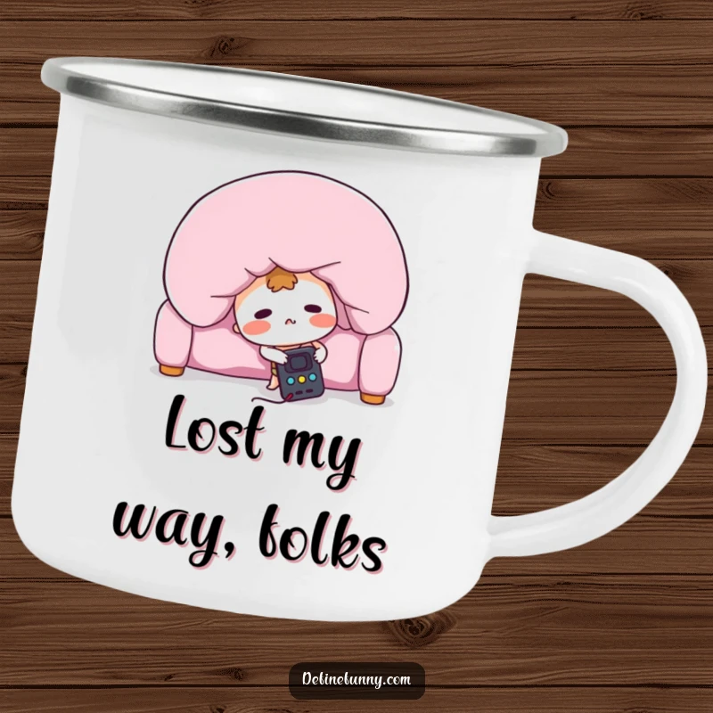 Funny camping mug featuring a blushing remote control character frantically searching under a giant sofa cushion, perfect for outdoor relaxation humor.