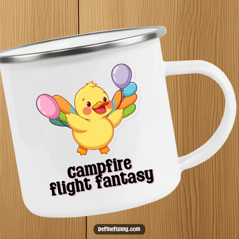 Funny camping mug with a happy rubber duck and colorful balloon wings attempting flight, perfect for outdoor adventures and drinks.