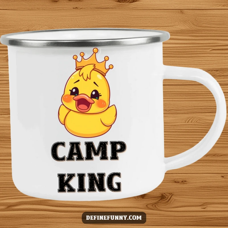 Funny Rubber Ducky Crown Camping Mug: Enamel mug with a rubber ducky in a crown, its face a picture of shocked elation, a funny outdoor companion.