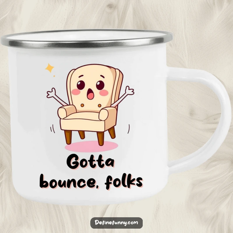 Funny camping mug featuring a chair character with legs running away, perfect for outdoor humor and morning beverages.