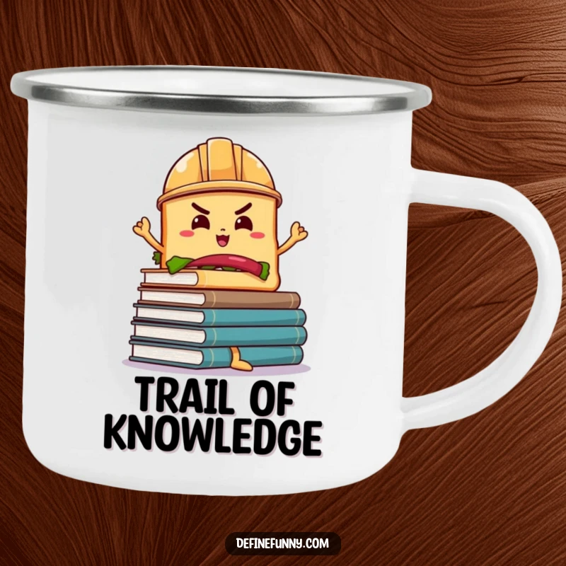Funny Sandwich Book Balance Camping Mug: A determined sandwich in a hard hat balances wobbly books, perfect for camping.