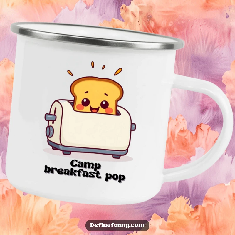 Funny Camping Mug with smiling toast popping out of a toaster with exaggerated surprise, perfect for outdoor drinks.