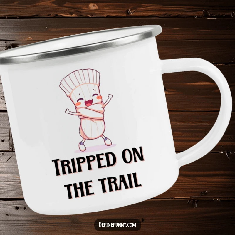 Funny camping mug featuring a clumsy sock character tied in a knot, comically tripping, perfect for outdoor humor.