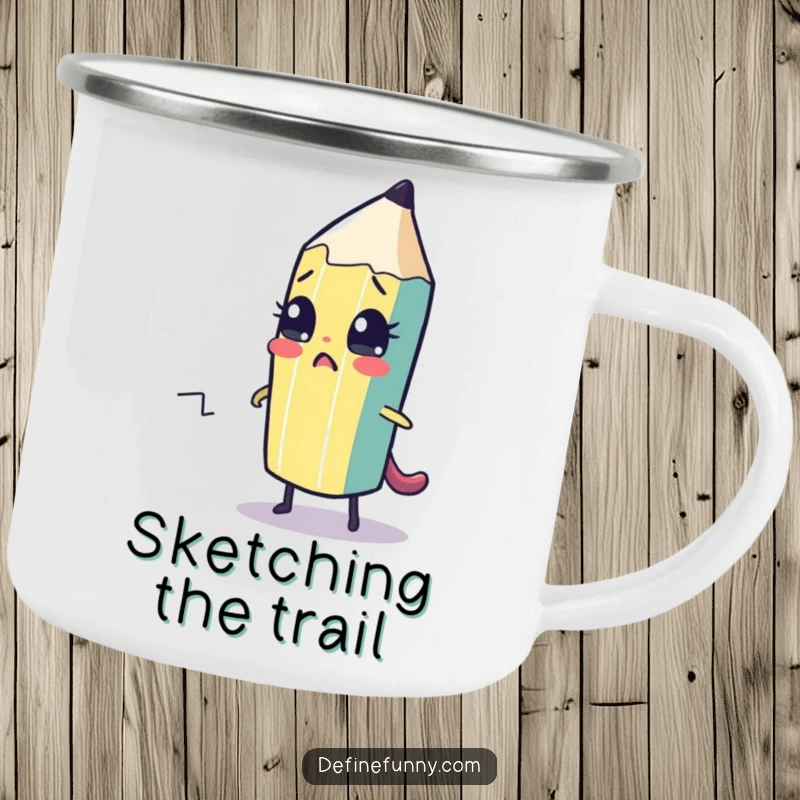 Funny camping mug featuring a cute pencil character drawing its escape path, durable and humorous for outdoor use.