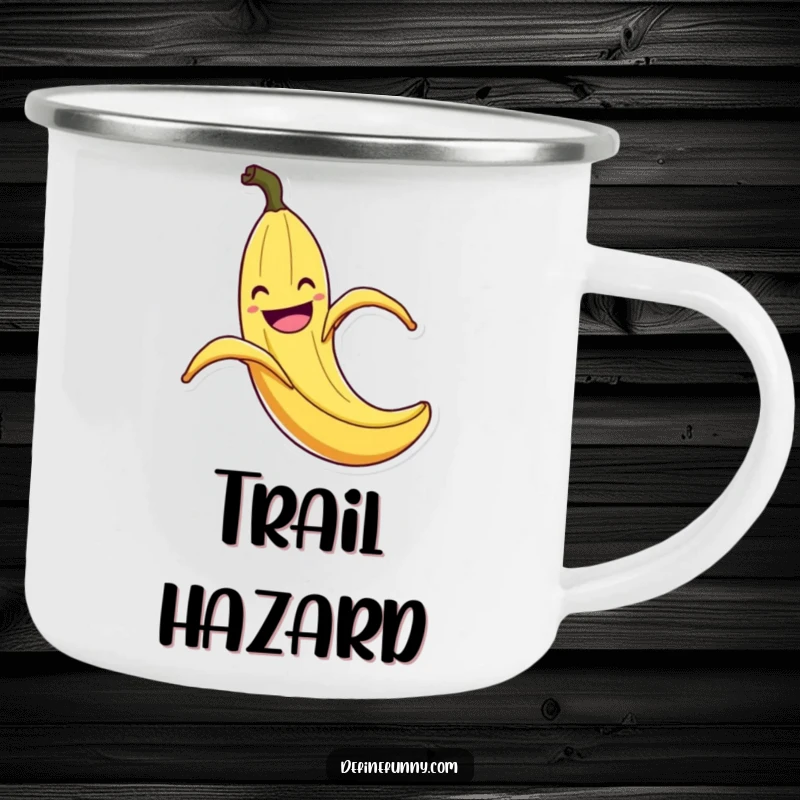 Funny Banana Peel Slip Camping Mug: Enamel mug with a grinning banana peel in a comical slip with exaggerated flair, a funny outdoor companion.