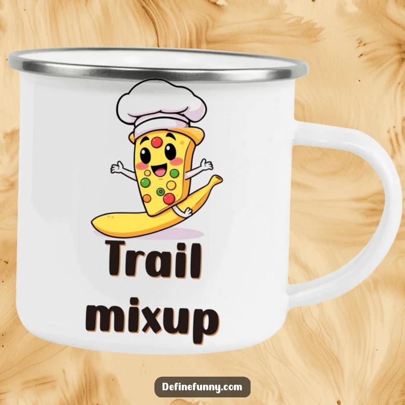 Funny camping mug with a pizza slice chef slipping on a banana peel, durable and humorous for outdoor use.