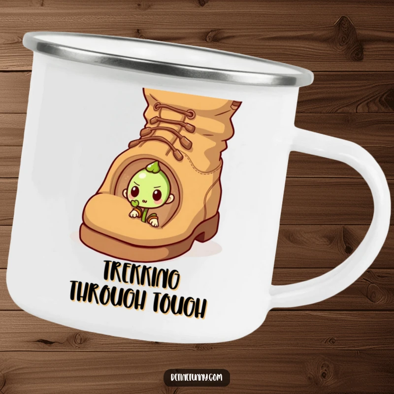 Funny camping mug with a determined sprout pushing through a giant, comical boot, for adventurous spirits.