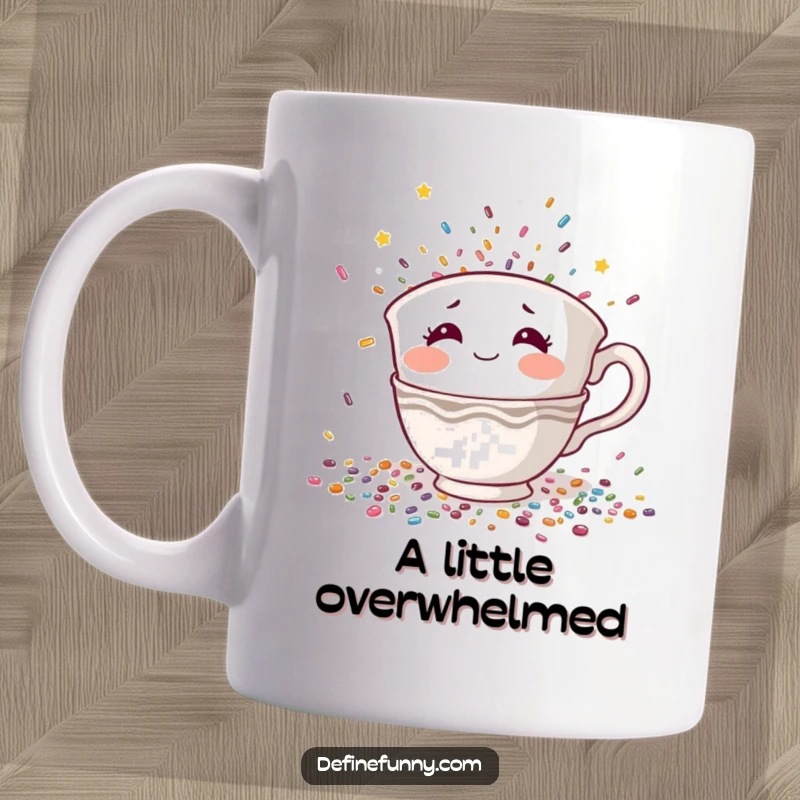 Funny mug with a shy teacup character with rosy cheeks hiding from falling confetti, a humorous gift for introverts.