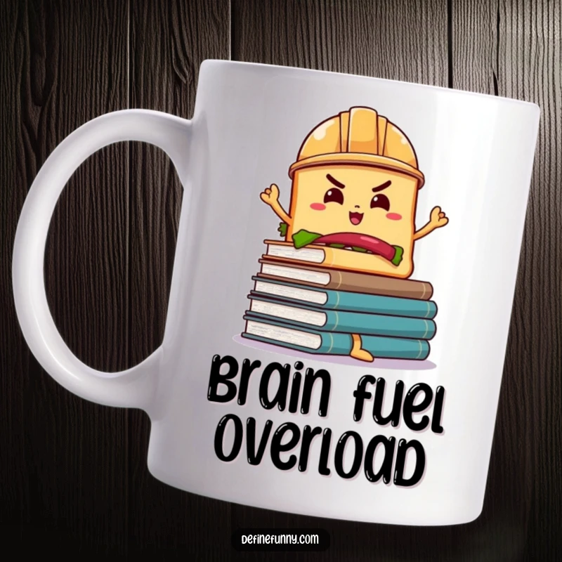 Funny Sandwich Book Balance Mug: A determined sandwich in a hard hat precariously balances wobbly books, a humorous study gift.