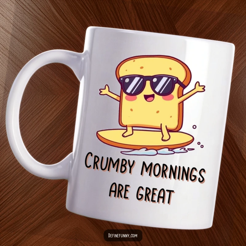 Funny Kawaii toast character wearing sunglasses, hilariously surfing a massive crumb with a determined yet comical expression on a mug.