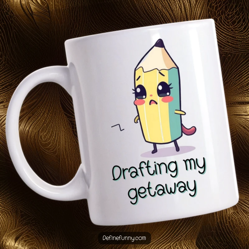 Funny mug showing a cute pencil character nervously drawing its own escape route, symbolizing creative struggle.