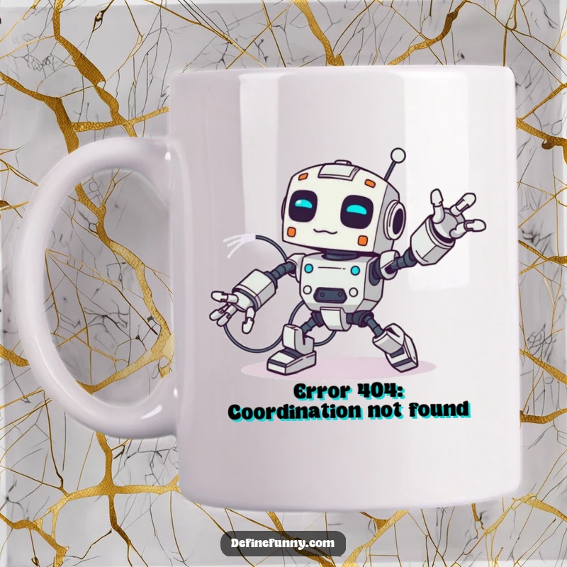 Funny robot mug showing a clumsy robot tripping over oversized wires, arms flailing in a comical, chaotic mess.