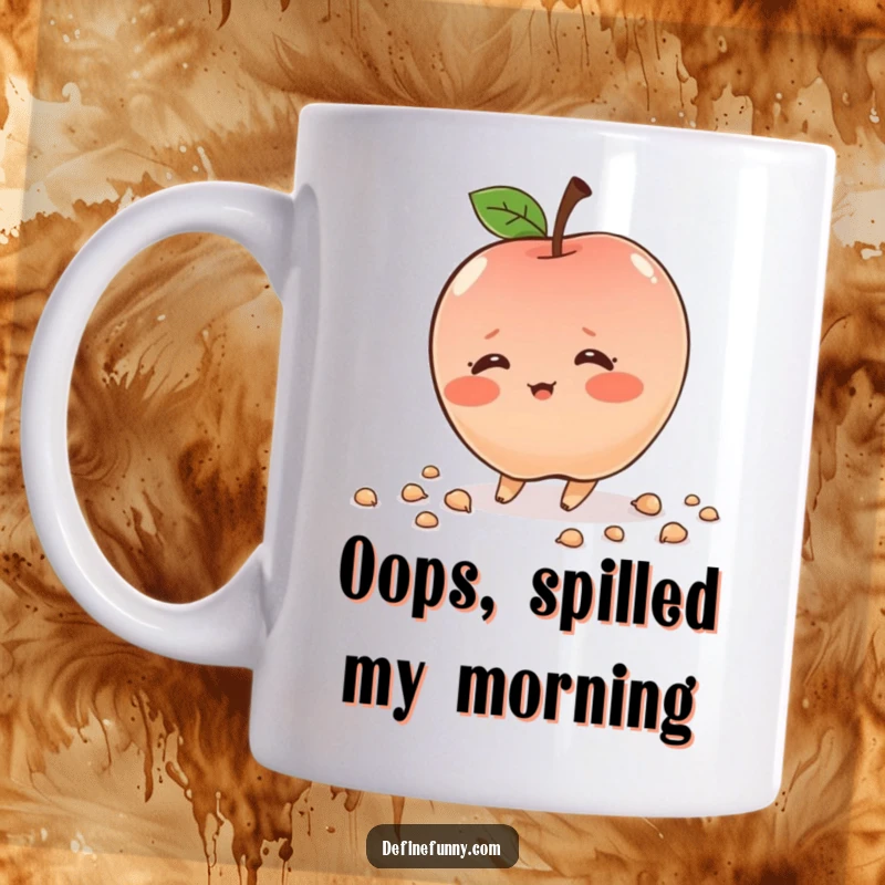 Funny blushing apple character, tripping and scattering seeds, shy expression, cute and humorous, perfect gift.