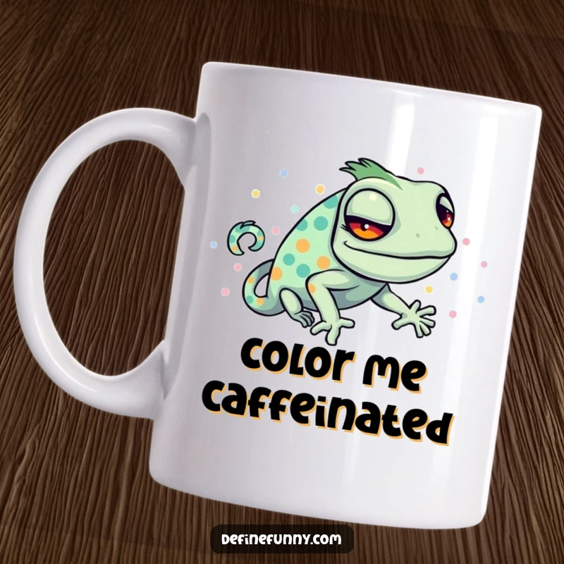 Funny mug featuring a sly chameleon hilariously trying to blend with a bright, polka-dotted pattern.