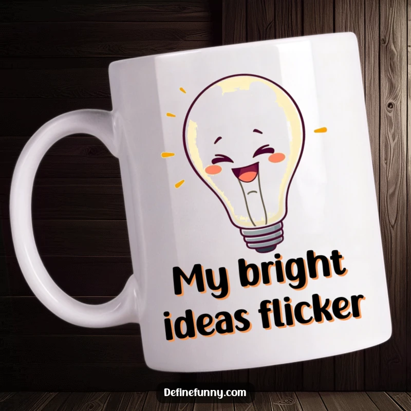 Funny mug depicting a mischievous lightbulb character with a grin, flickering erratically, symbolizing crazy ideas and humor.