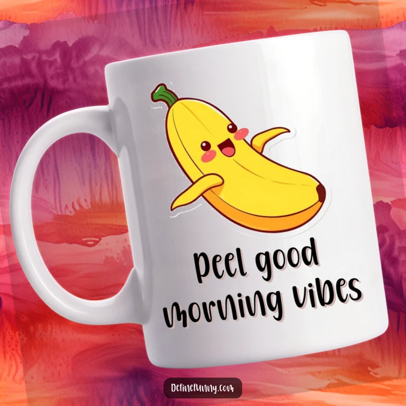 Funny Kawaii banana character joyfully sliding down its own peel, capturing a moment of pure, ecstatic happiness on a mug.