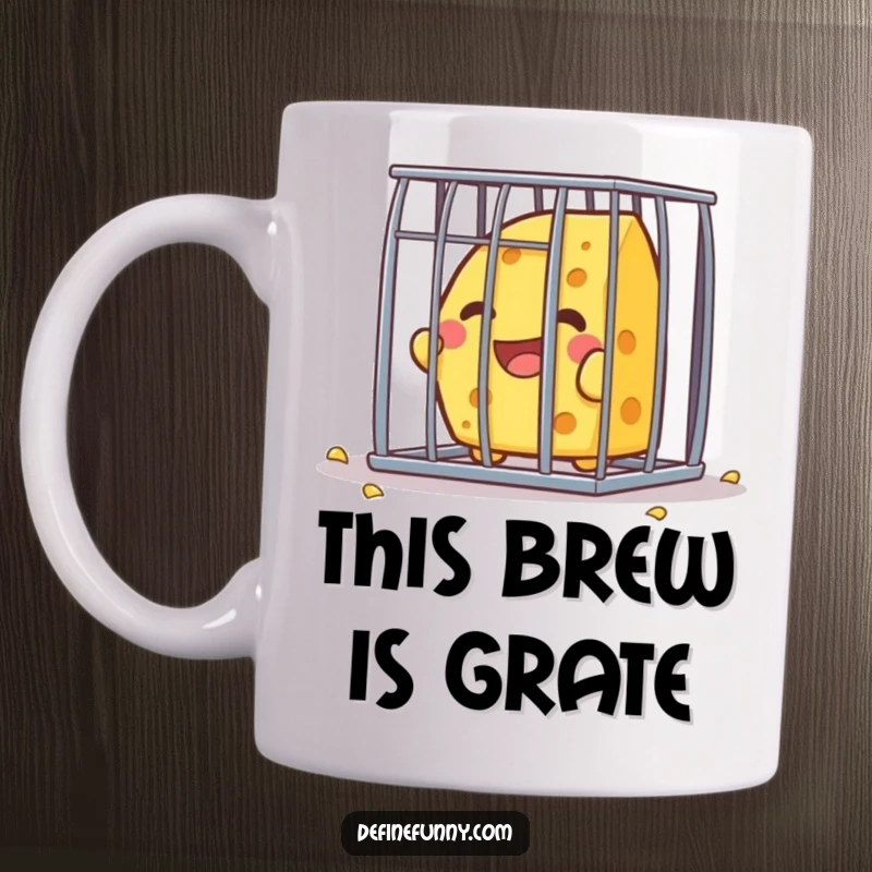 Funny Kawaii cheese character, beaming with joy, as it attempts to escape a small, barred cage on a mug.