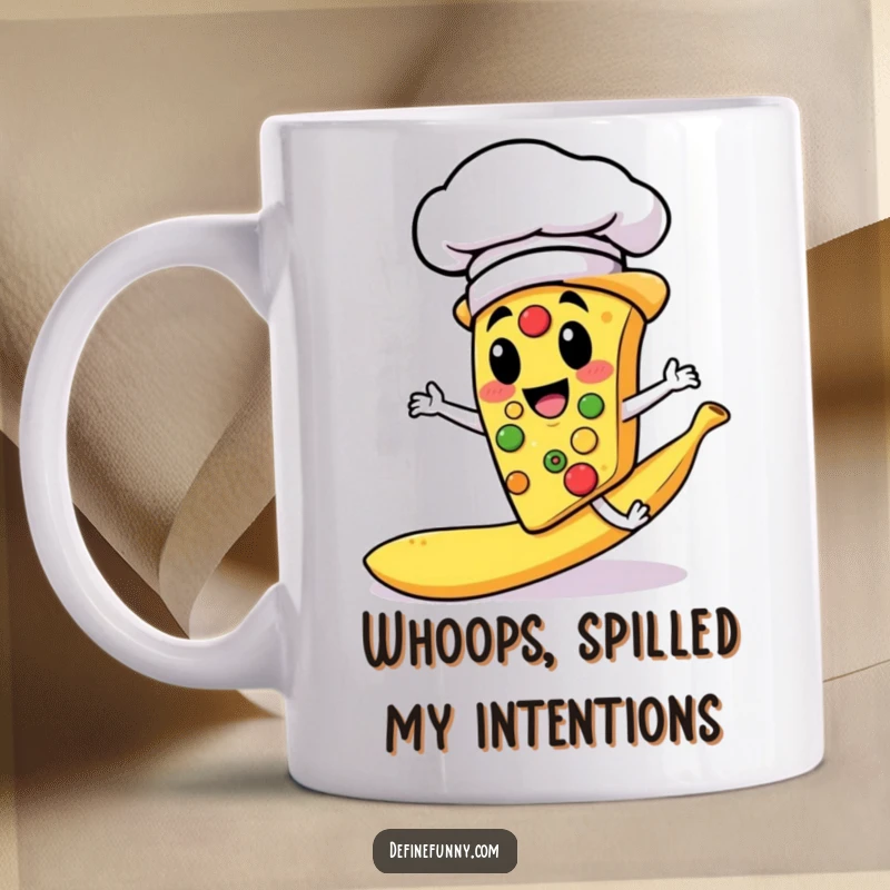 Funny mug showing a cheerful pizza slice chef in a big hat slipping on a banana peel, embodying clumsy humor.